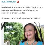 María Corina Machado anunció que inscribirán Corina Yoris como su sustituta en la candidatura presidencial