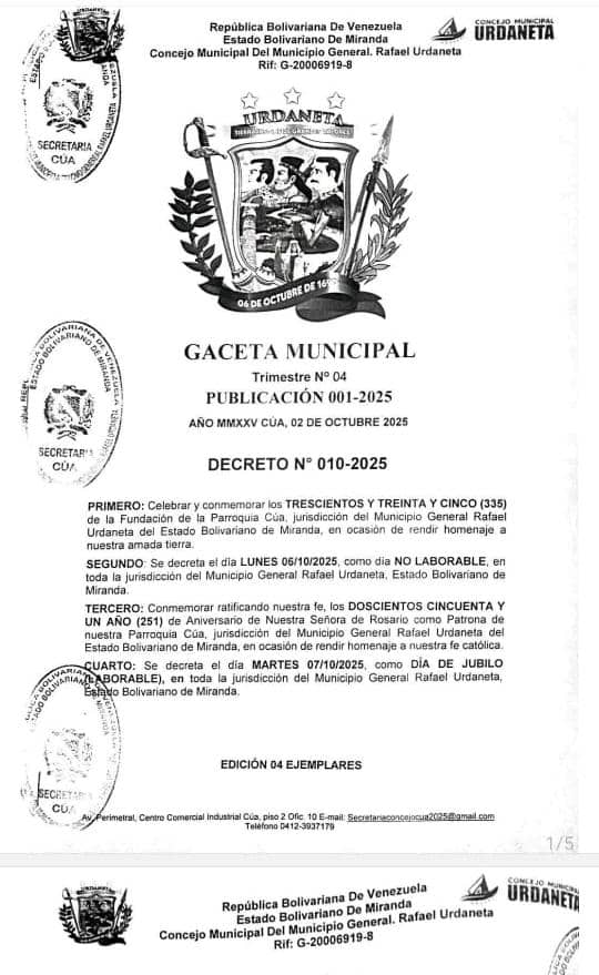 Decretan el lunes 6 de octubre día no laborable en Cúa por 335 años de fundación