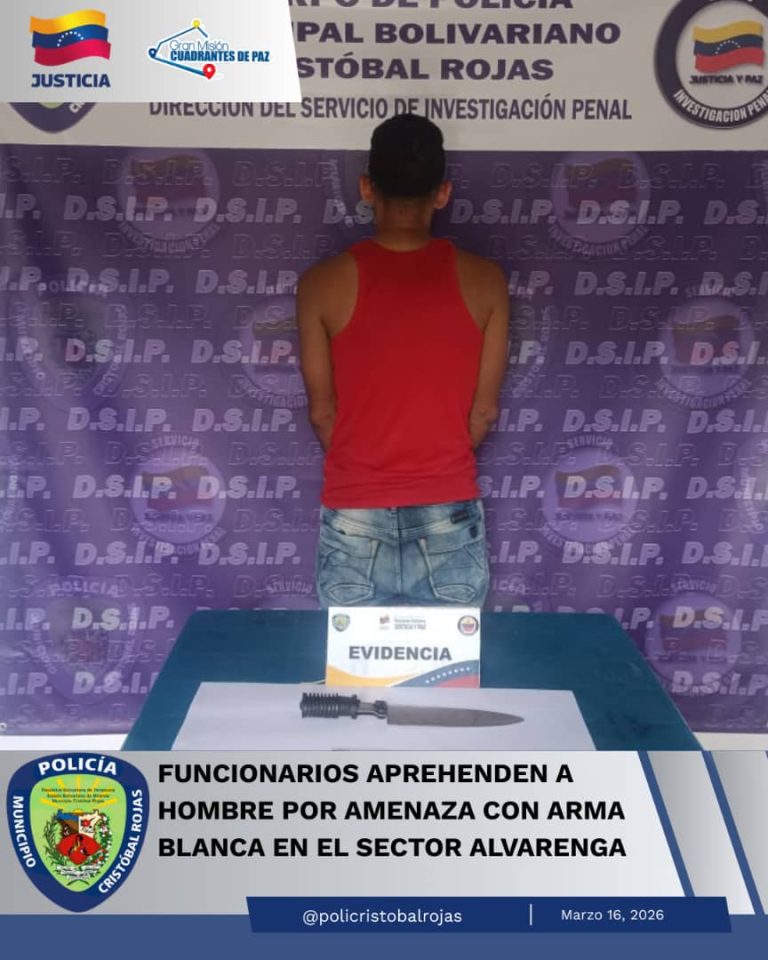 Funcionarios aprehenden a hombre por amenaza con arma blanca en el sector Alvarenga