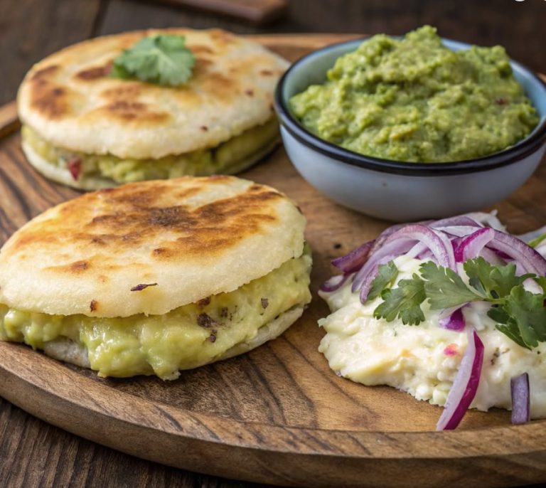 ​El sabor de la tradición con un toque gourmet «Arepas de queso al ajo con guacamole fresco»