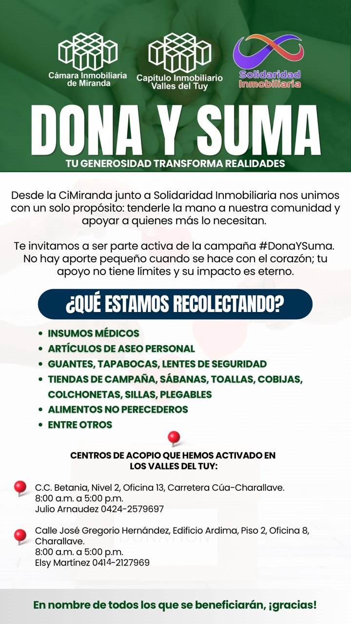 Sector inmobiliario de Miranda se une en solidaridad con los afectados por el terremoto a través de la campaña «#DonaYSuma»