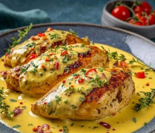 Exquisito y Diferente Deleita tu Paladar con este Pollo Tierno Bañado en Salsa Cremosa de Mango